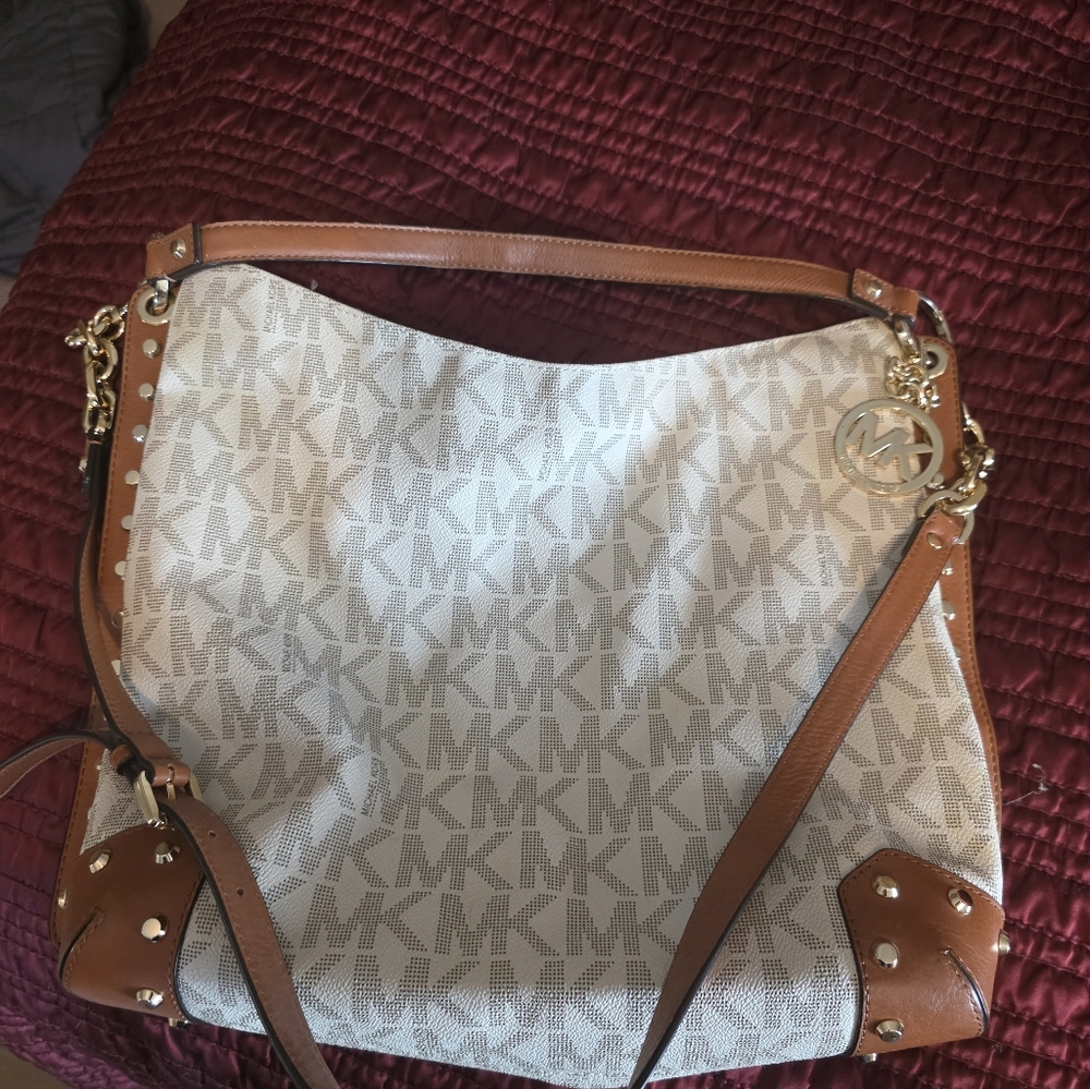 Michael Kors Cream and Brown Shoulder Bag